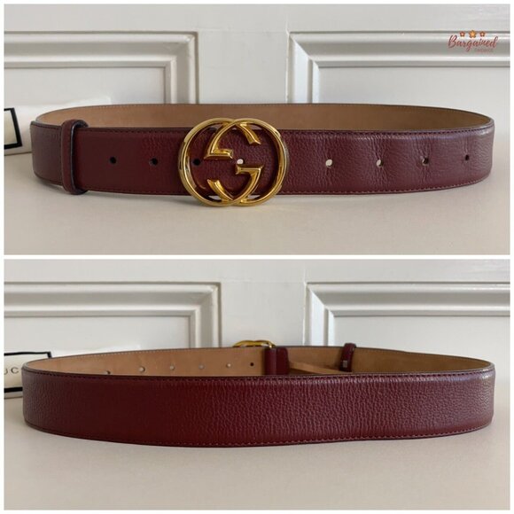 Authentic Gucci Red Pebbled Leather Gold Interlocking G Buckle Belt 95/38 - Picture 5 of 13